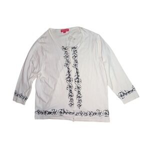 Charlotte Tarantola Cardigan Womens 1X White Floral Button Up 3/4 Sleeve Cotton